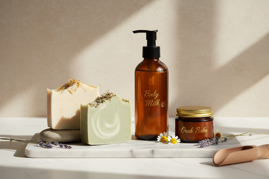 Complete natural eczema healing kit with soap, lotion, and balm