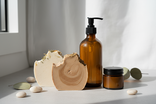 2 soaps, amber lotion bottle, amber jar