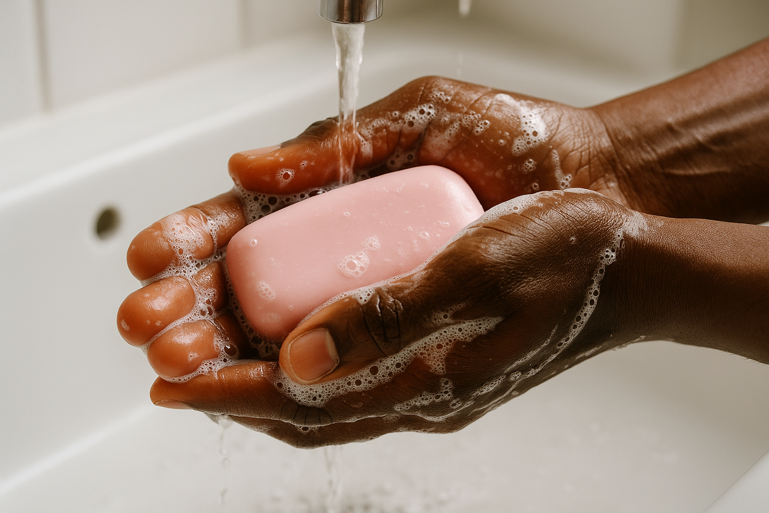 Black hands washing with calamine soap
