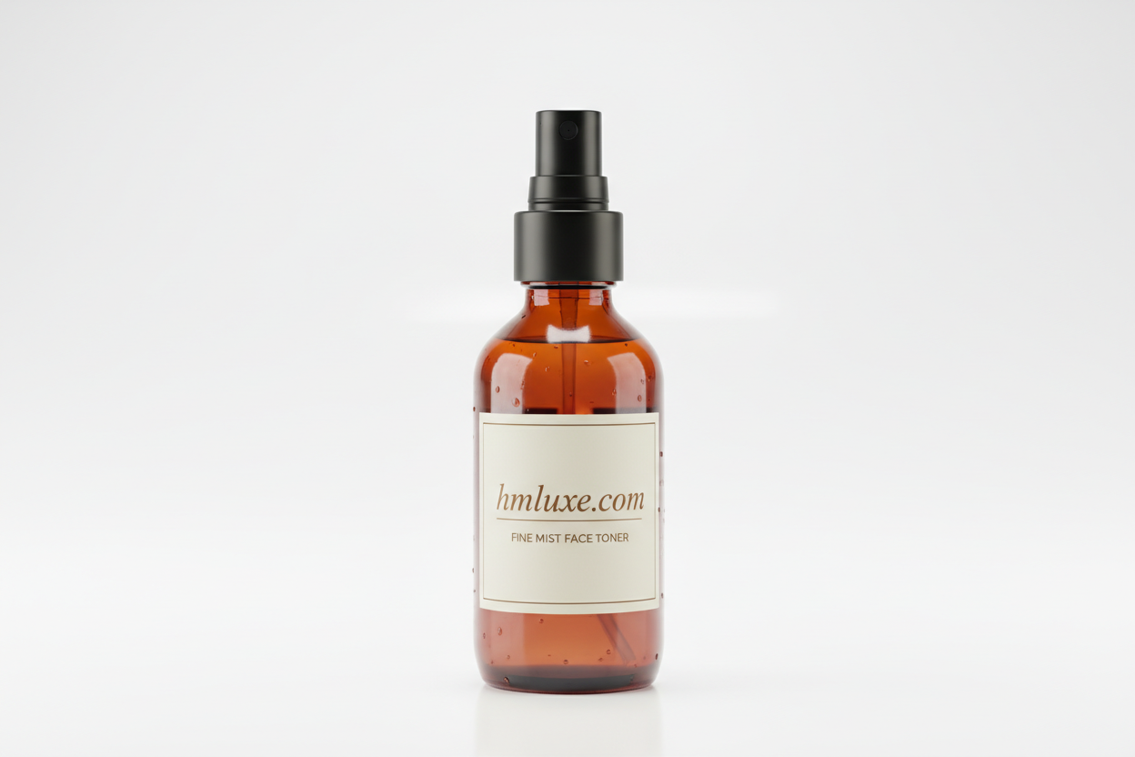 face toner in dark amber 4 oz spray bottle with hmluxe.com label 