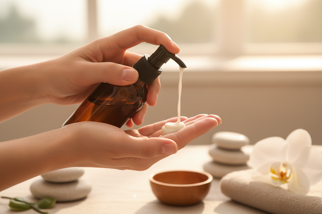 lotion in dark amber bottle without label being used